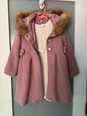 Tahari Girls 3T Dusty Pink Faux Fur Hood Coat + Sweater Dress Set Holiday Outfit